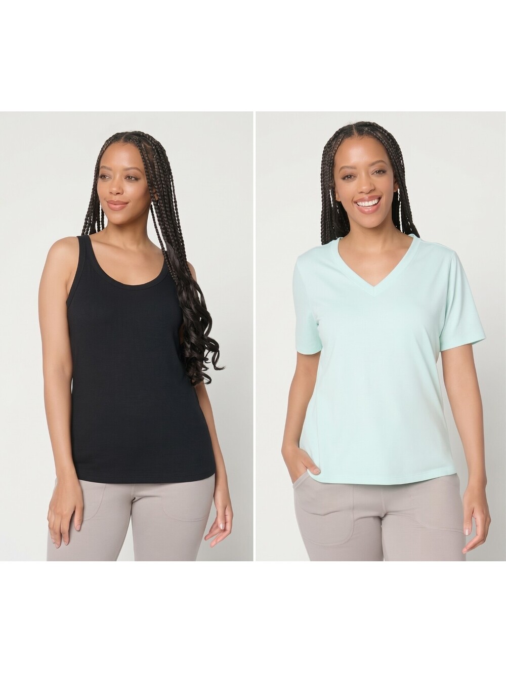AnyBody Cozy Knit Jersey V-Neck Tee and Tank Set of 2 Spa Blue/Black ,X-Large